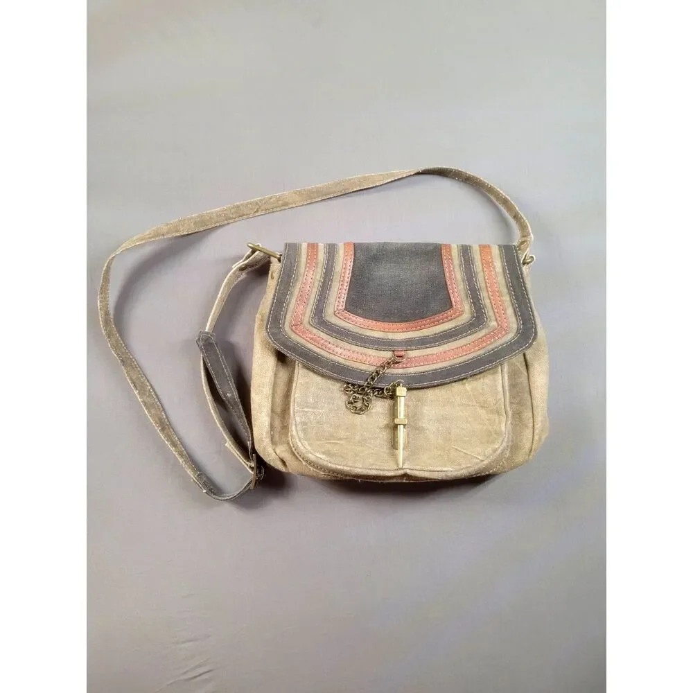 Mona B Recycled Upcycled Canvas Key Lock Flap Crossbody Bag Tan Boho